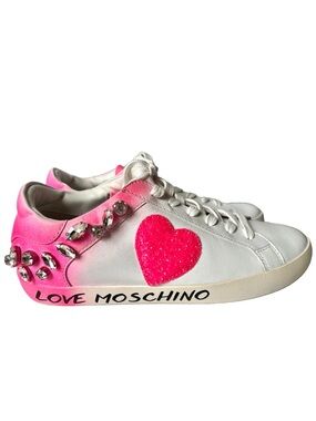 NEW Love Moschino Free Love Diamante White Pink Bling Glitter Sneakers 38 7.5